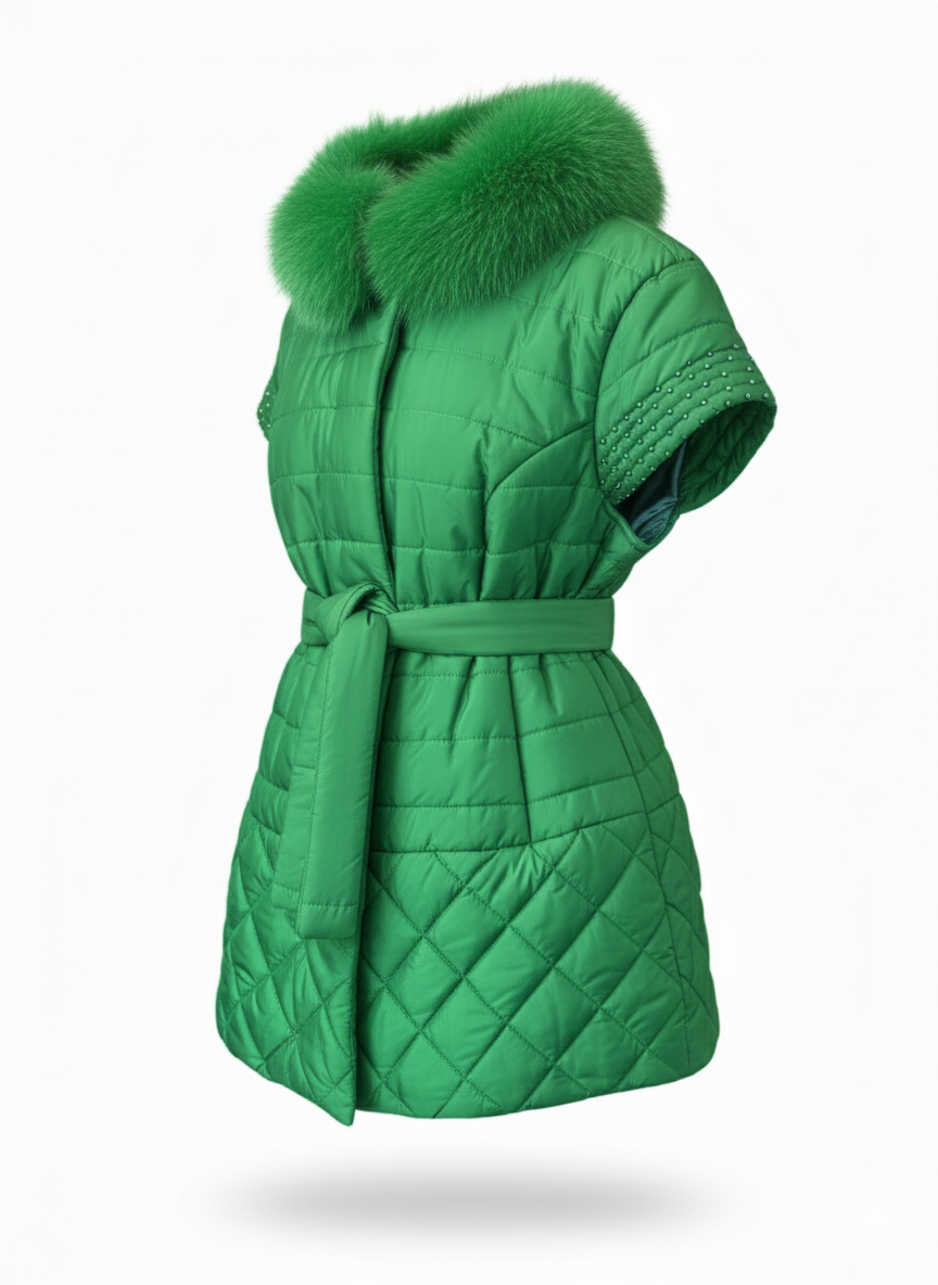 Green Quilted Vest with Fur Collar
