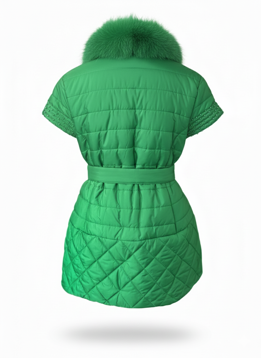 Green Quilted Vest with Fur Collar