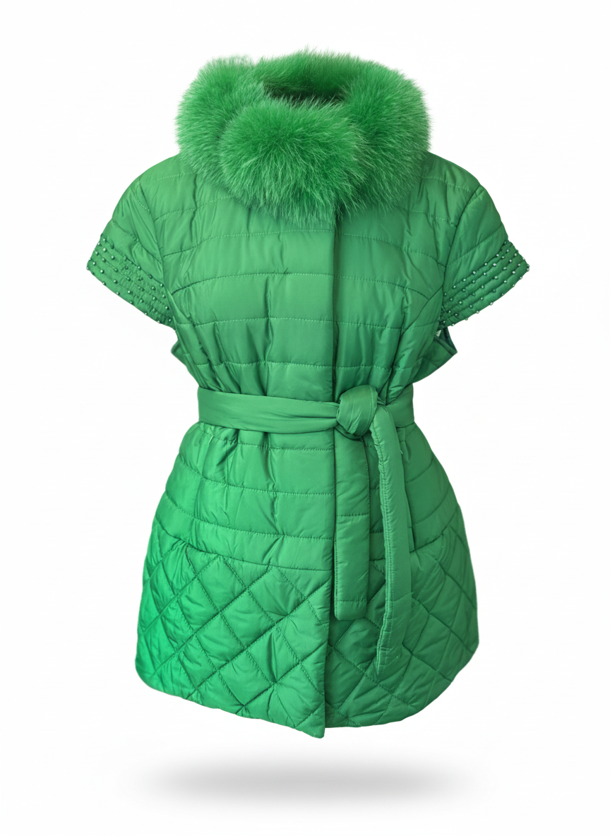 Green Quilted Vest with Fur Collar