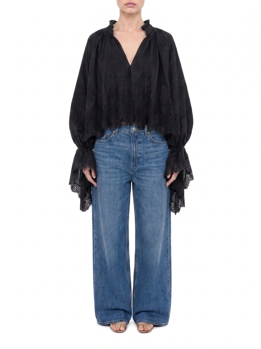 OVERSIZED CROPPED BLUSE MIT SPITZENBESATZ