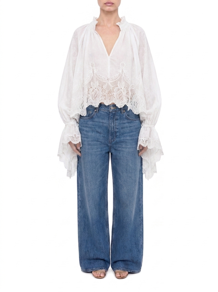 OVERSIZED CROPPED BLUSE MIT SPITZENBESATZ