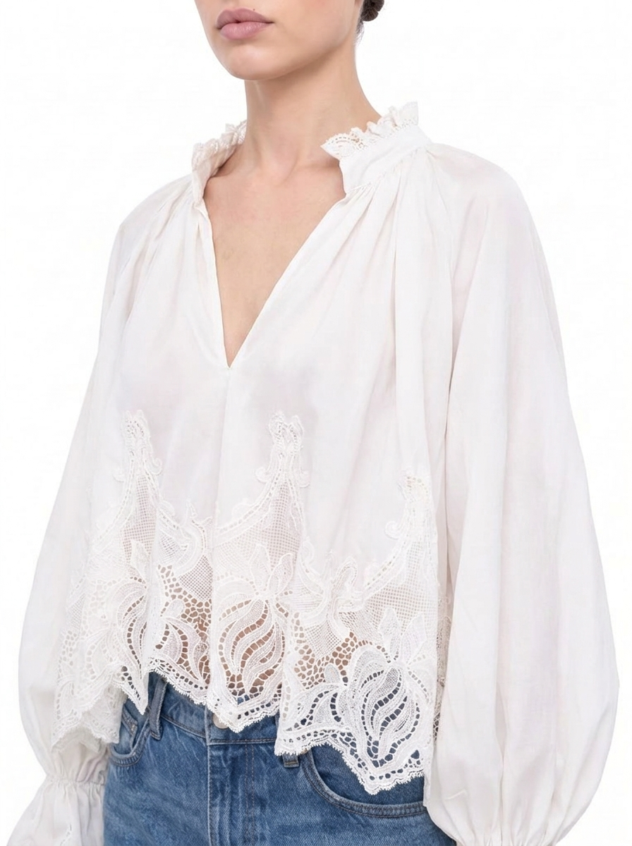 OVERSIZED CROPPED BLUSE MIT SPITZENBESATZ